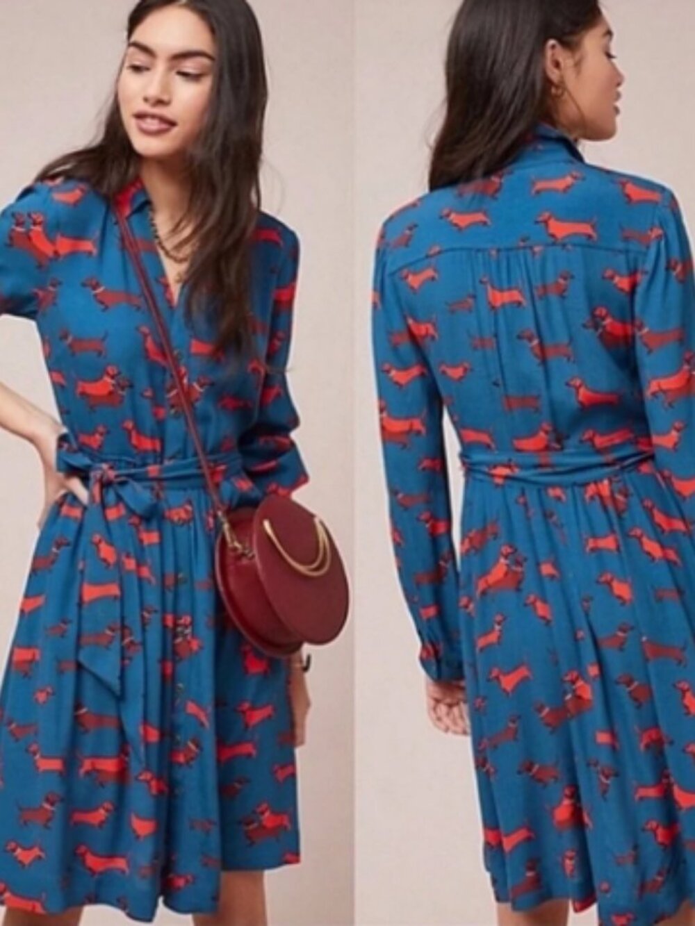 Conversations by Anthropologie Turquoise Dachshund Print Shirt Dress Size 4